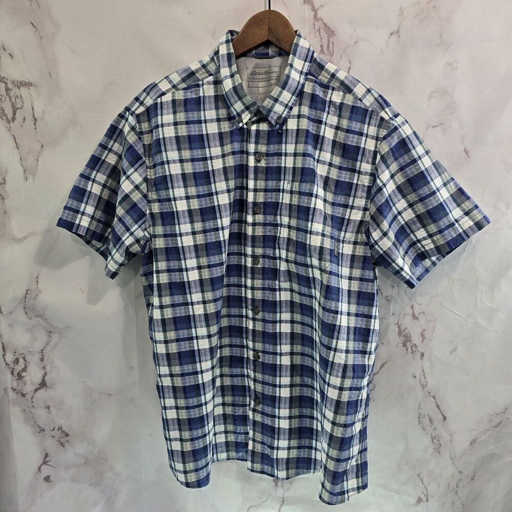 Eddie Bauer Shirt Mens XL Blue Plaid Short Sleeve Breathable Seersucker Stretch